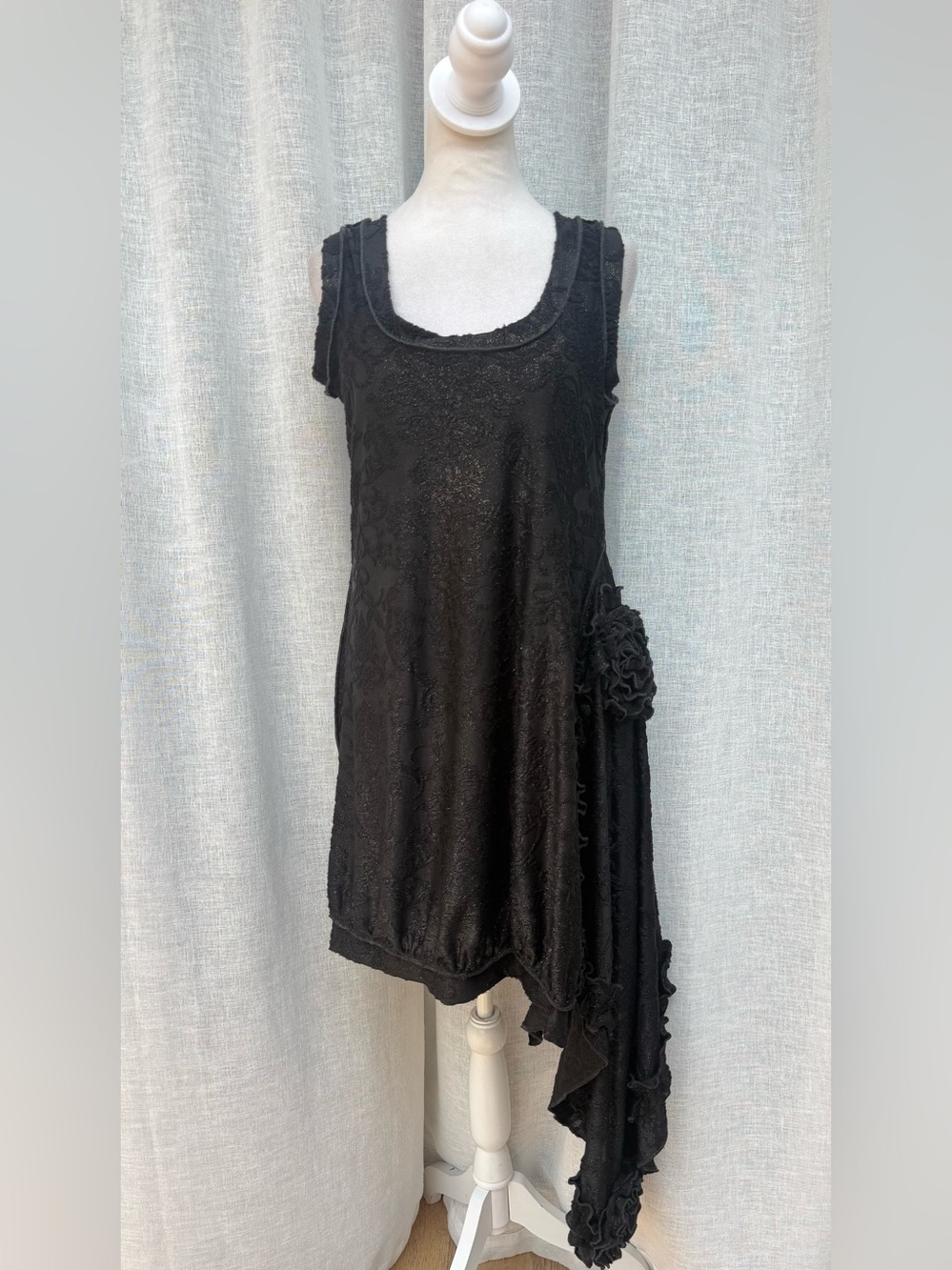 Carrie-Me Couture Palm Beach black stretch mini dress side ruffle train/ tail